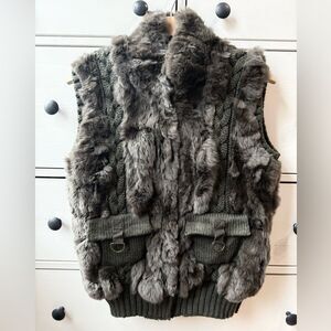 Hiche Women’s size S Rabbit Fur Cable-Knit vest Army Green jacket sweater zipper